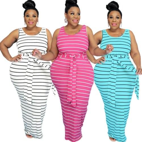 Sexy Long Dresses For Women Maxi Party Striped Print Casual Slim Fit Summer Plus Size Elegant Vintage Sleeveless Dresses XL~5XL