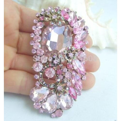 Golden Tone Bouquet Brooch Pink Crystal Rhinestone Flower Brooch Pin Pendant EE06300C4