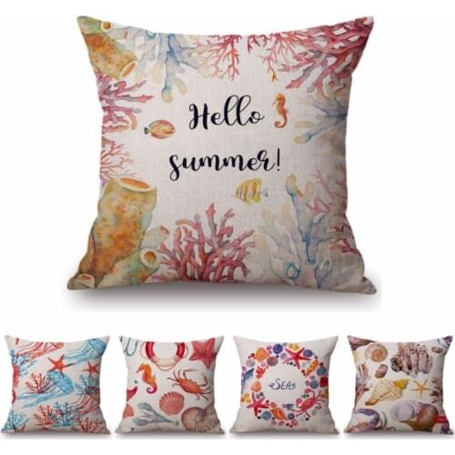 2018 Summer Watercolor Ocean Sea Horse Salmon Starfish Coral Shell Crab Home Decorative Throw Pillow Cover Sofa Cushion Covers