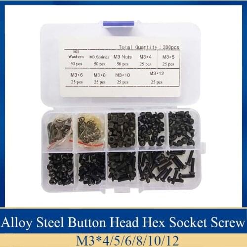 300pcs/set Assortment Kit M3 Black Screws Set Alloy Steel Button Head Hex Socket Screw Bolt with Nuts Washers Hardware