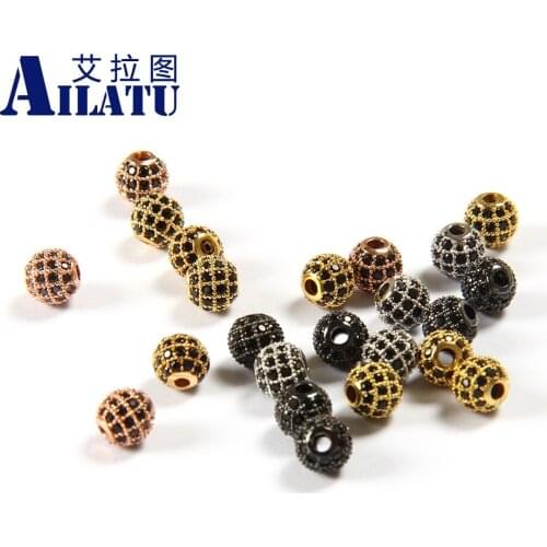 Ailatu 6mm Brass Ball Accessories with 4 lined Micro Paved Black Cz Decorated for DIY Fashion Bracelet Jewelry
