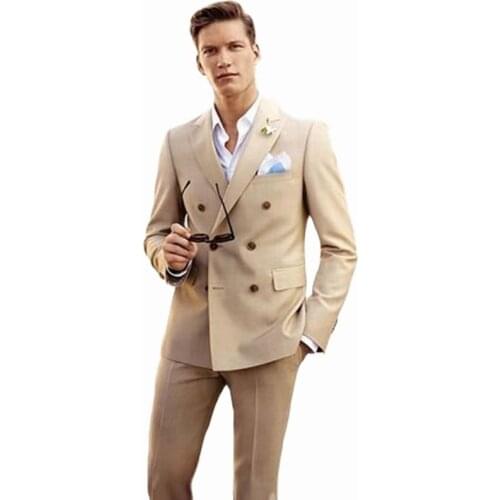 Custom Made Beige Men Suits for Wedding Groom Tuxedos Double Breasted 2 Pieces (Jacket+Pants) Best Man Blazer Prom Wear Costume