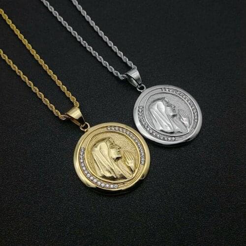 Hip Hop Iced Out Virgin Mary Necklaces Gold Color Stainless Steel Christian Pendant & Chains For Men Women Jewelry Dropshipping