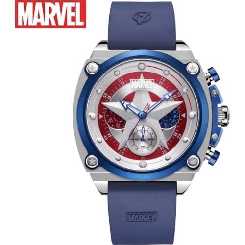 MARVEL Disney Mens Captain America Chronograph Quartz Coated Glass Leather Male New WristWatches The Avengers Multiple Time Zone