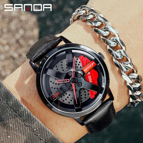 SANDA Mens Luxury Watches Sports Car Watches Waterproof Sport Rim Hub Wheel Wristwatch Car Quartz Mens Leather Watches Hot Sell
