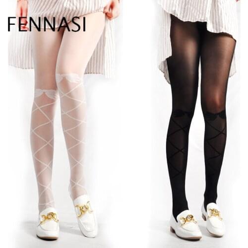 FENNASI Female White Lolita Stockings Fashionable Thin Nylon Pattern Tights Bow-knot Cross Japanese High-Elastic Pantyhose