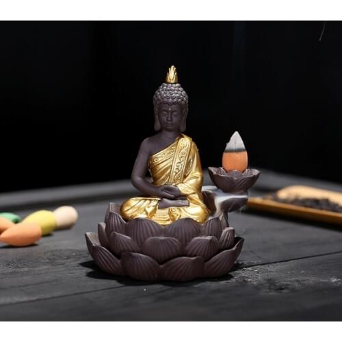 Tearoom Decoration Golden Buddha Backflow Incense Holders Ceramic Lotus Burner for Home Decor Ornament Sandal Incense Stove