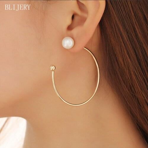 BLIJERY Fashion C Shape Hoop Earrings for Women Girls Gold Color Pearl Circle Earrings Punk Jewelry Birthday Party Gifts
