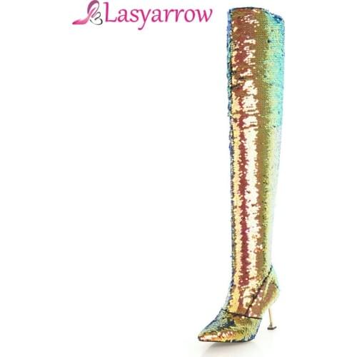 Lasyarrow Bling Bling Over The Knee Slim Fit Long Boots Glittering Metal Thin High Heel Thigh High Boots Dress Shoes Gold Silver