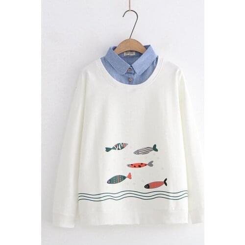 Japanese Harajuku Mori Girl Cute Fish Hoodie Women Fake Two Pieces Long Sleeve Sweatshirt Teen Girl Kawaii Sweet Pullovers