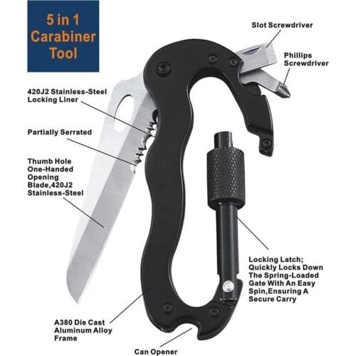 5 In 1 Outdoor Survival Multifunctional Tool Carabiner with Foldable Knife Screwdriver Bottle Opener Aluminum Alloy Carabiner