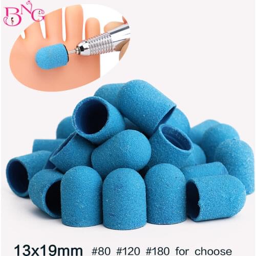 5pcs 10# 13# Blue Sanding Bands Block Caps Grip120# 80# 180# Sanding Caps Manicure Pedicure Electric Nail Drill Bits Cutters