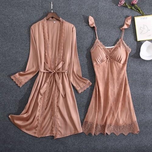 Lce Silk Nightgown Set Lady 2pcs Robe Suit Summer Sleepwear Sexy Nightwear Sleep Suit Kimono Gown Palace Lace Princess Bathrobe