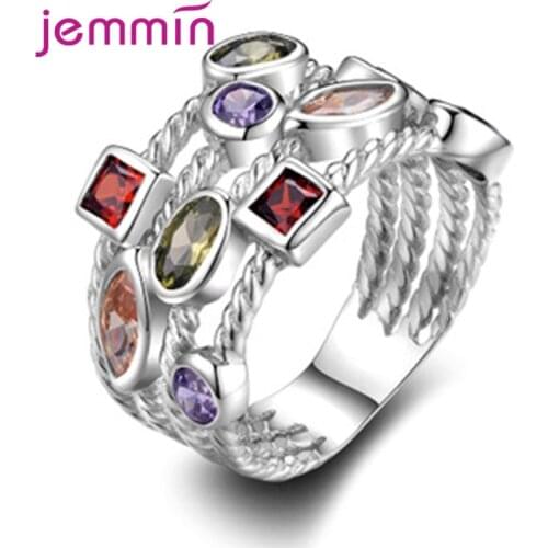 New Trendy Real 925 Sterling Silver Ring for Women Hollow Geometric Paved AAA Multicolor CZ Zircon Jewelry Accessories bague