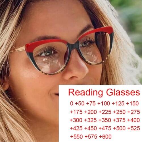 Blue Light Blocking Finished Reading Glasses Women Cat Eye Fashion Transparent Optical Eyeglasses Frames TR90 Prescription +1 +6