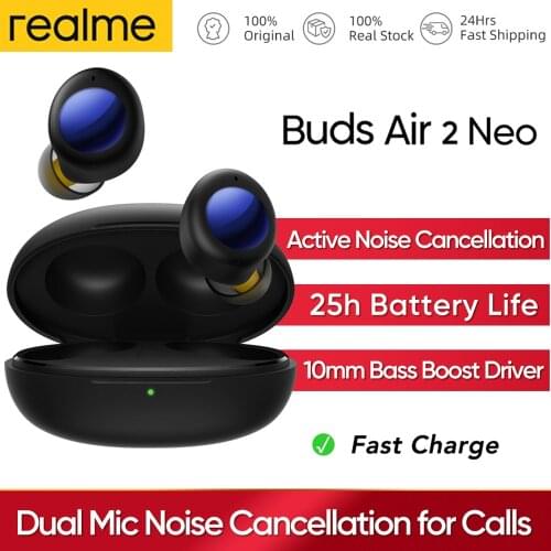 Original Realme Buds Air 2 Neo Global Version TWS Wireless Earphones Bluetooth Headphones ANC 28 Hours Playback Headset Dual Mic