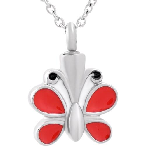 IJD9836 Women Wholesale Factory Price Heart Shape Stainless Steel Charm Butterfly Red Cremation Jewelry Urn Pendant Necklace