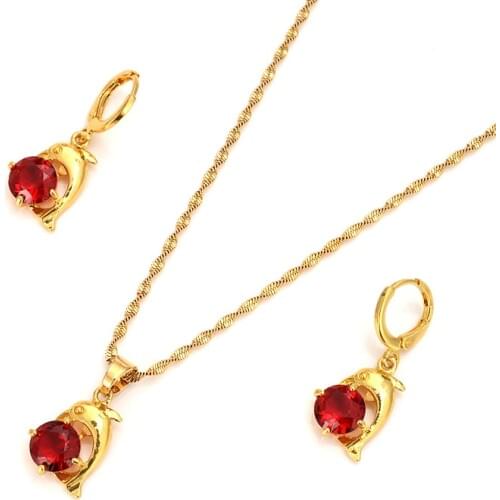 Gold Color cz red stone Cute Dolphin Pendant Necklaces and Earrings for Women/Girls,Papua New Guinea Jewelry wedding Party Gifts