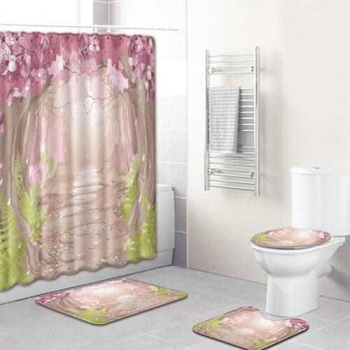 Landscape Bathroom Curtain Waterproof Fabric Shower Curtain Carpet Toilet Mat for Bathroom 4 Pieces Set Bath Curtain