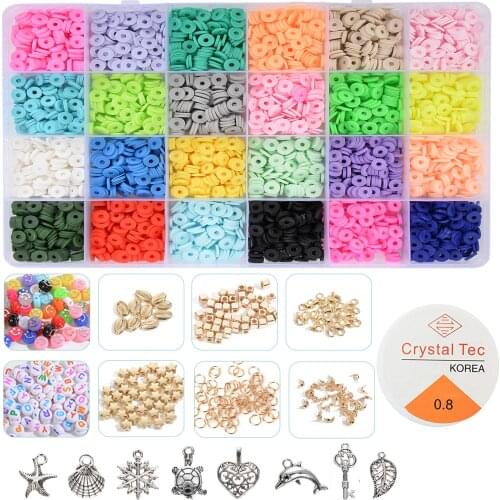 Flat Round Polymer Clay Spacer Beads Kit Charms Elastic String Lobster Clasp Box for Jewelry Making DIY Bracelets Earring Set