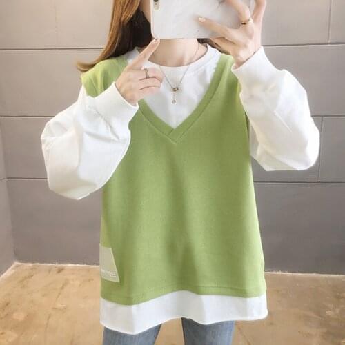 Patchwork Fake-Two O-Neck Pullovers Women Contrast Color Korean Loose Sweatshirts Spring Autumn Casual Long Sleeve Tops Hoodies