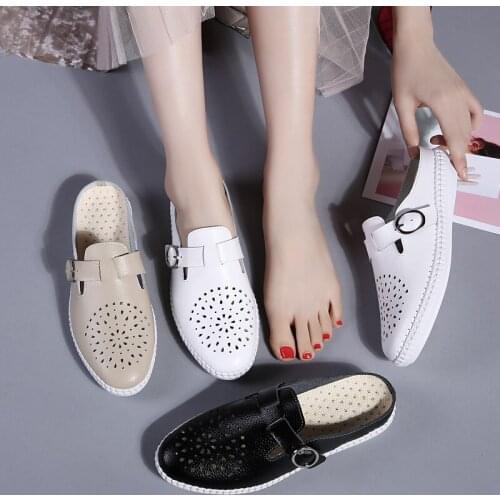 Tilocow Genuine Leather Womens Half Slippers Ladies Hollow Out Solid Shoes Woman Soft Bottom Wild Designers Slides Flip Fliops