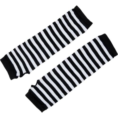 Stylish Winter Warm Black White Striped Long Fingerless Gloves