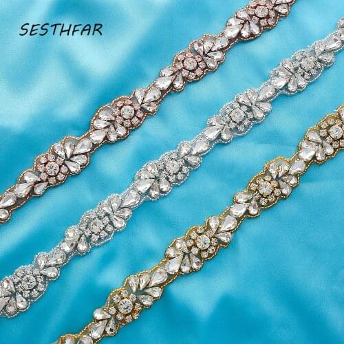 Wedding Belt Handmade Rhinestone Appliques For Wedding Dress Belts Clear Rose Gold Crystal Appliques For Bridal Gown F169