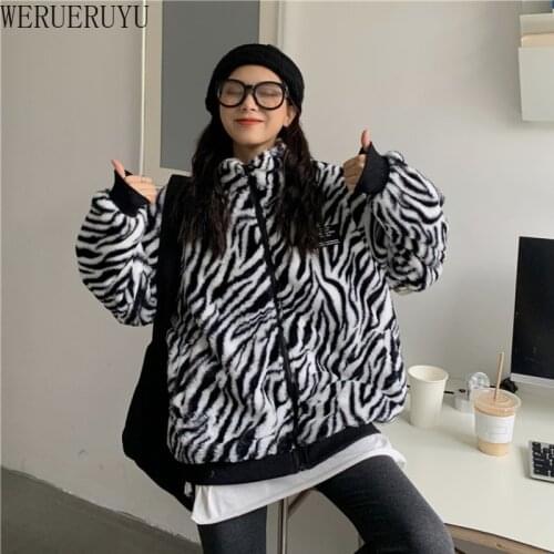 WERUERUYU Zebra print plush jacket women Warm Ladies Winter Jackets Harajuku Casual Coat Long Sleeve Women Parka Streetwear