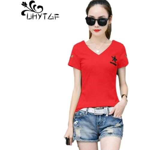 UHYTGF Womens T-Shirt Solid V-Neck Pullover Casual Summer T-Shirt Short-Sleeved Slim Plus Size Tops Female Elegant Clothes 1553
