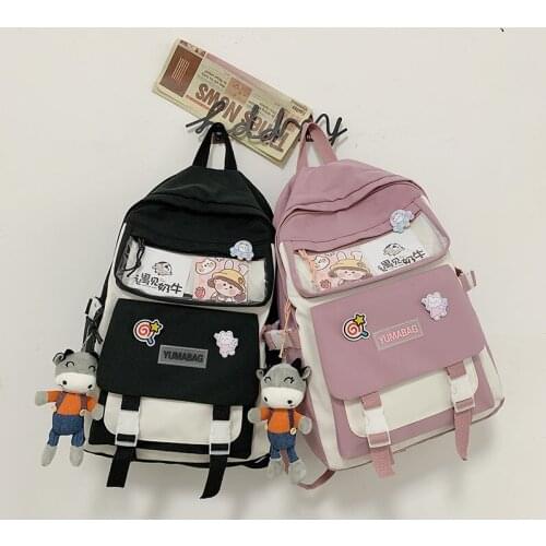 Japanese Contrast Color Fashion Womens Backpack Canvas Waterproof University Bags For Girls Large Capacity Travel Backpacks