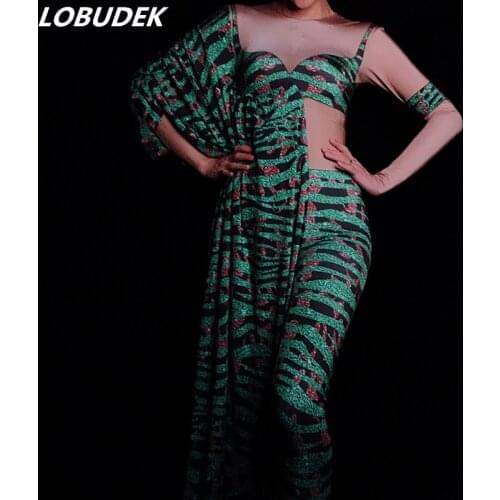 Green 3D Printing Elastic Skinny Jumpsuit Novelty Personality Stage Wear Bar Party Nightclub Female Singer Performance Leotard