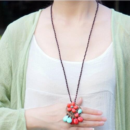 FYJS Unique Light Yellow Gold Color Flower Green and Red Turquoises Stone Pendant Rope Chain Necklace Ethnic Jewelry