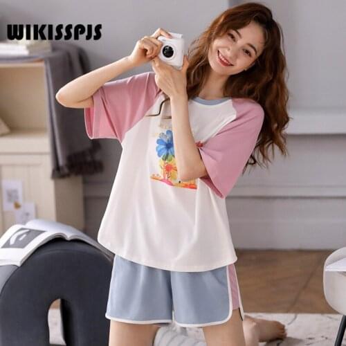 WIKISSPJS 2021 Womens Housewear Sweet Girl Casual Pajamas Summer Short Sleeve Shorts Two Piece Suit Lounge Sets Sleepwear