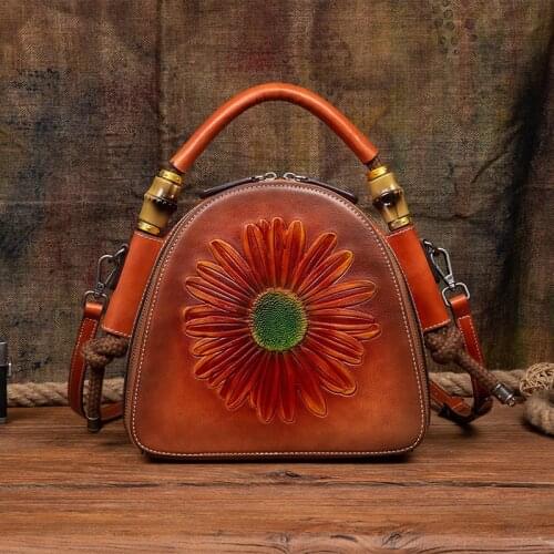 Women Genuine Leather Messenger Cross Body Hand Bag Purse Retro Floral Pattern Real Cowhide Single Shoulder Tote Top Handle Bags