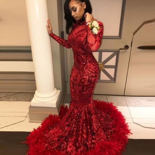 Elegant Red Prom Dresses Woman Dance Ball Gowns Long Sleeve Mermaid Feather Evening Formal Party Clothing