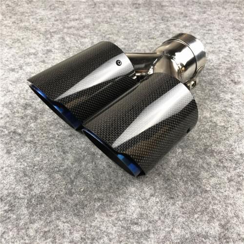 1 Piece Shiny Carbon Universal Y Model Double Tailpipe Nozzles Exhaust Tips For Akrapovic Blue Color Muffler Stainless Steel
