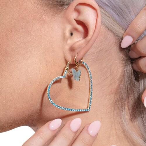 2021 Valentines Day Gift For Girlfriend European Gold Color Iced Out Bling CZ Clear Pink Blue Big Heart Vermeil Hoops Earring