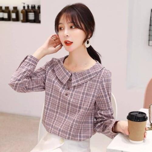 2021 Spring Autumn Shirt Women Vintage Plaid Peter Pan Collar Blouse Button Up Office Lady Long Sleeve Clothing for Female D35