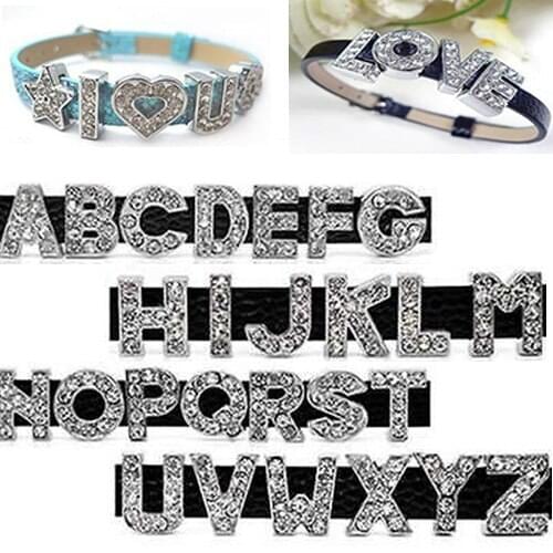 A-Z 8mm Full Rhinestones Pendant Slide Letters Fit For DIY Gift Charm Leather Wristband Bracelet Belt Necklace Jewelry Accessory