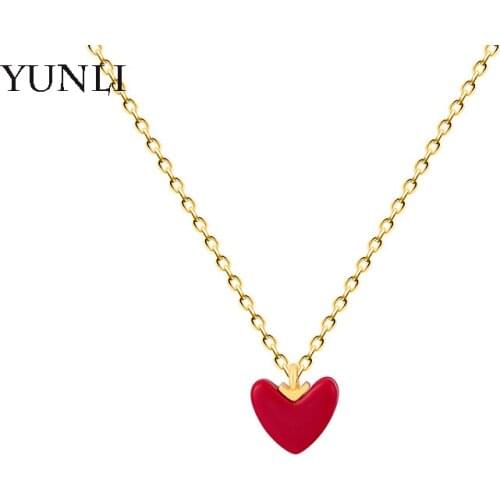 YUNLI Real 18K Gold Pendant Necklace Precious Coral Heart Design With AU750 Chain for Women Fine Jewelry Gift