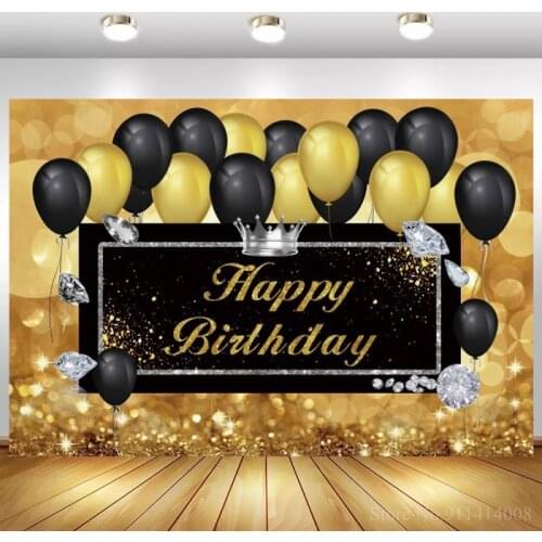 Golden Happy Birthday Black Balloons Silver Crown Photography Background Glitter Polka Dots Family Party Celebration Backdrops