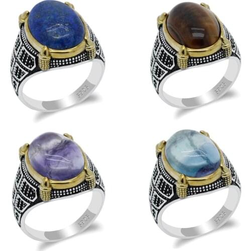 Mens Ring with Lapis/Tiger eye/Fluorite Stone 925 Sterling Silver Multi-color Gemstone with Black CZ Rings Vintage Fine Jewelry