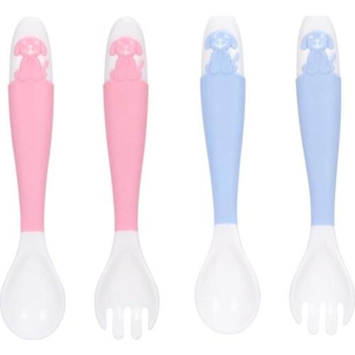 Lovely Cartoon Dog Baby Infant TPE Safety Material Smooth Design Soft Bendable Food Feeding Spoon Fork Cutlery Set