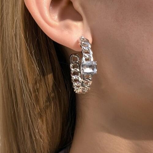 New Trendy Hollow Chain Hoop Inlaid Cubic Zirconia Earrings Simple Design Circle Statement Earrings Jewelry Metal Earrings 2021