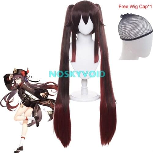 Game Costumes Genshin Impact Hu Tao Cosplay Wig Woman Headwear Role Playing Double Ponytail Long Hair Girls Headgear