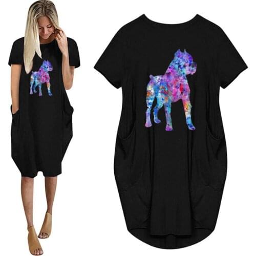 Watercolor Cane Corso Dog Print Women Summer Short Sleeve Dress With Pocket Ladies Fashion O Neck Tops Female T Shirt Dress