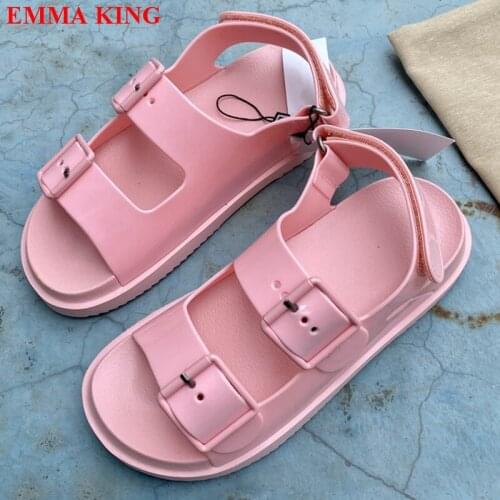 Fashion Candy Color PVC Platform Women Sandals Summer Buckle Strap Flat Gladiator Sandals Ladies Thick Sole Casual Beach Shoes