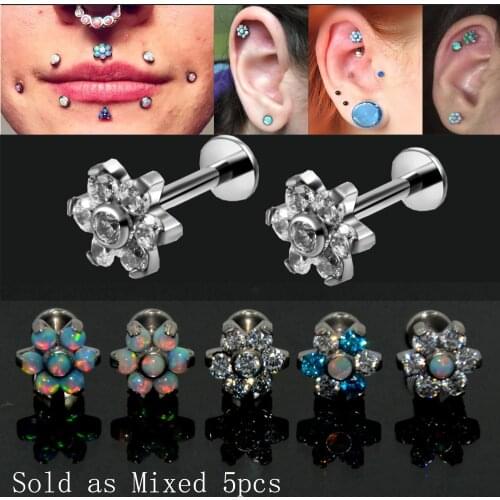 5pcs Titanium Flower Opal Stone Lip Piercing Tragus Earring Piercings Flower Helix Piercing Labret Lip Stud Rings Body Jewelry