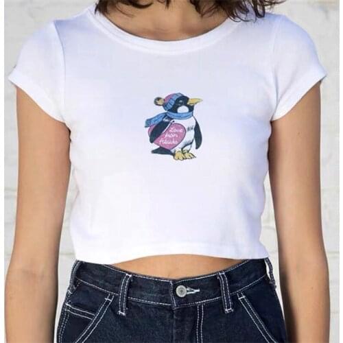 Super chic Heart Penguin Cartoon T Shirts College Girls White Tshirts 2021 Summer New Streetwear Crop Tops College Girls Fashion